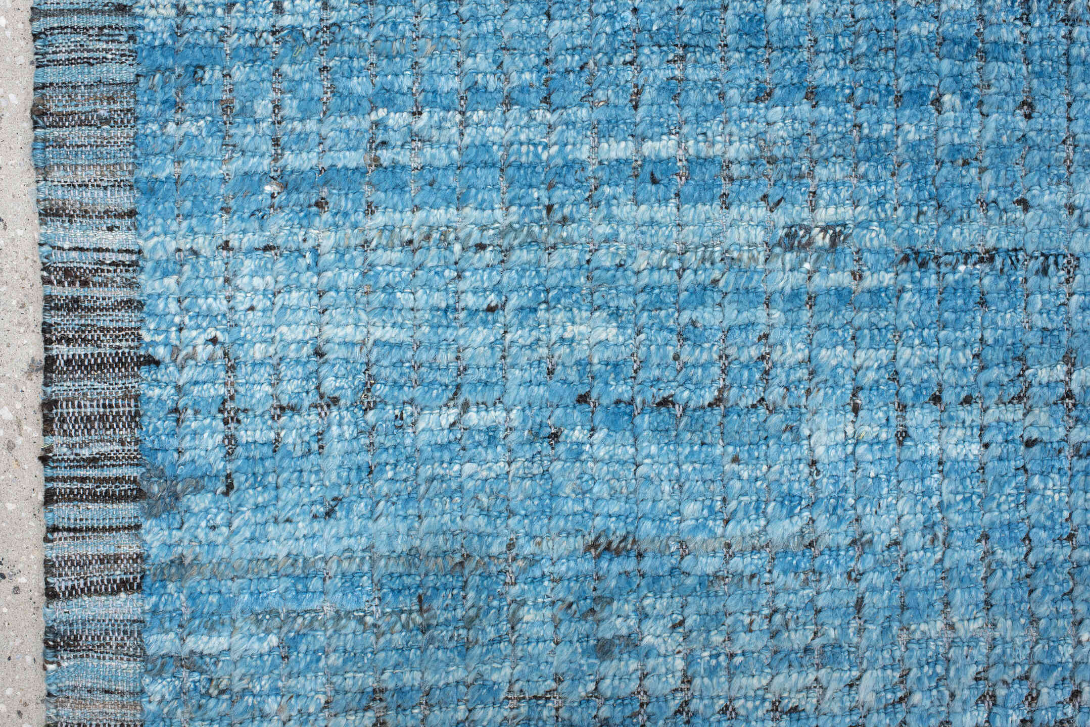 14' x 17' one-of-a-kind handmade vintage Tulu oversize rug. Color palette: sky blue, slate, charcoal, ivory, light blue