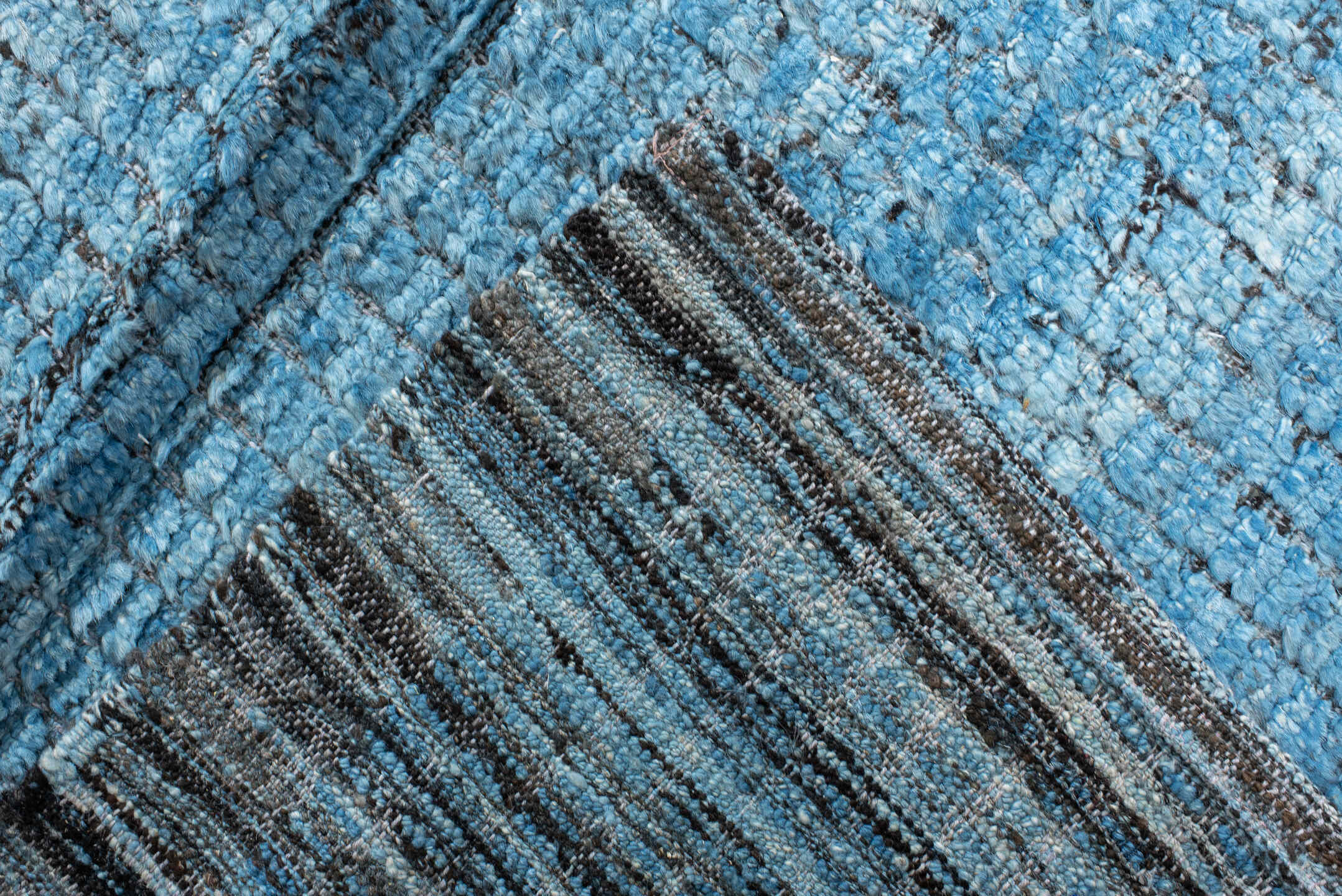14' x 17' one-of-a-kind handmade vintage Tulu oversize rug. Color palette: sky blue, slate, charcoal, ivory, light blue