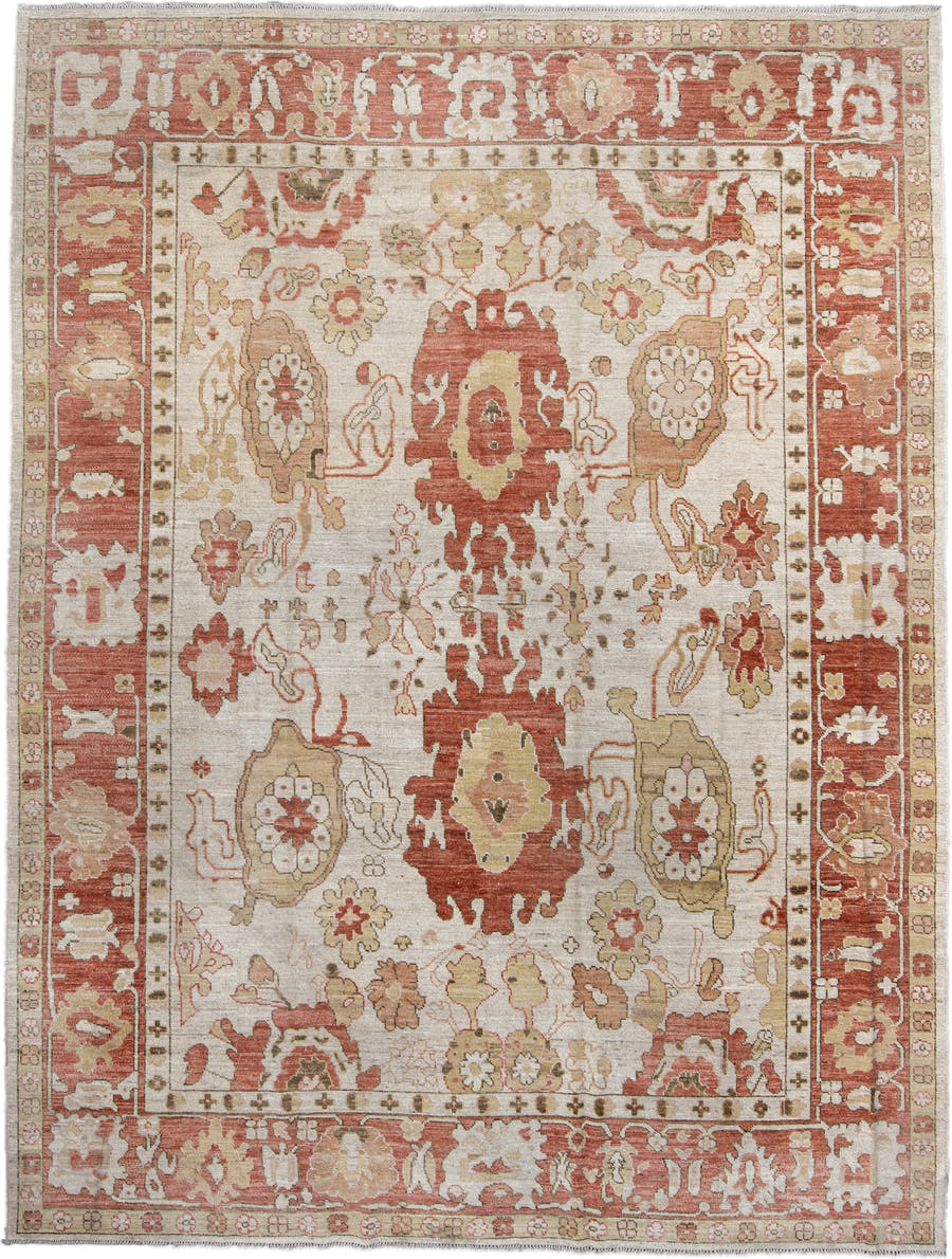 9' x 12' one-of-a-kind handmade vintage Oushak large size rug. Color palette: ivory, terra cotta, beige, sage, gold, taupe