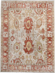 9' x 12' one-of-a-kind handmade vintage Oushak large size rug. Color palette: ivory, terra cotta, beige, sage, gold, taupe