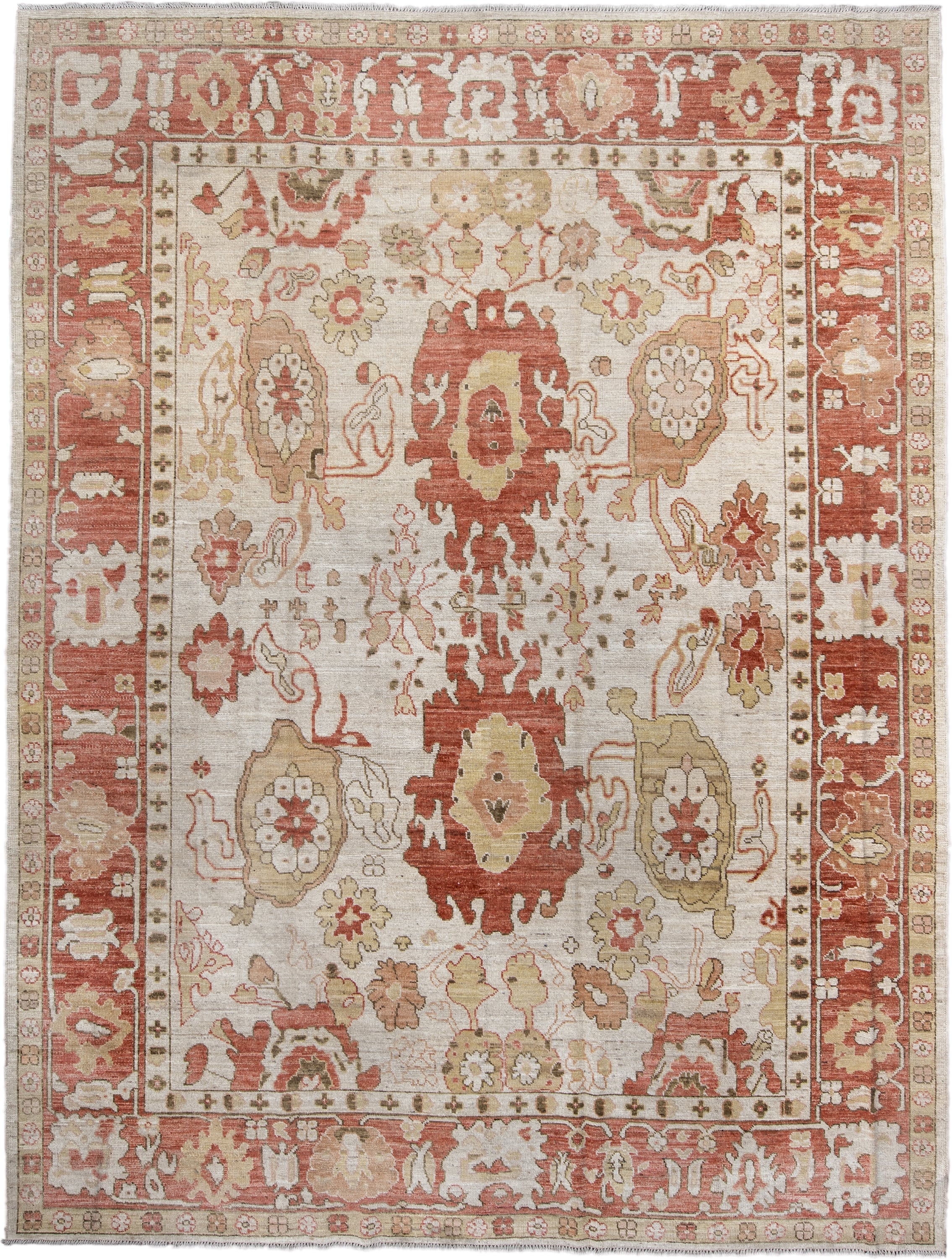9' x 12' one-of-a-kind handmade vintage Oushak large size rug. Color palette: ivory, terra cotta, beige, sage, gold, taupe