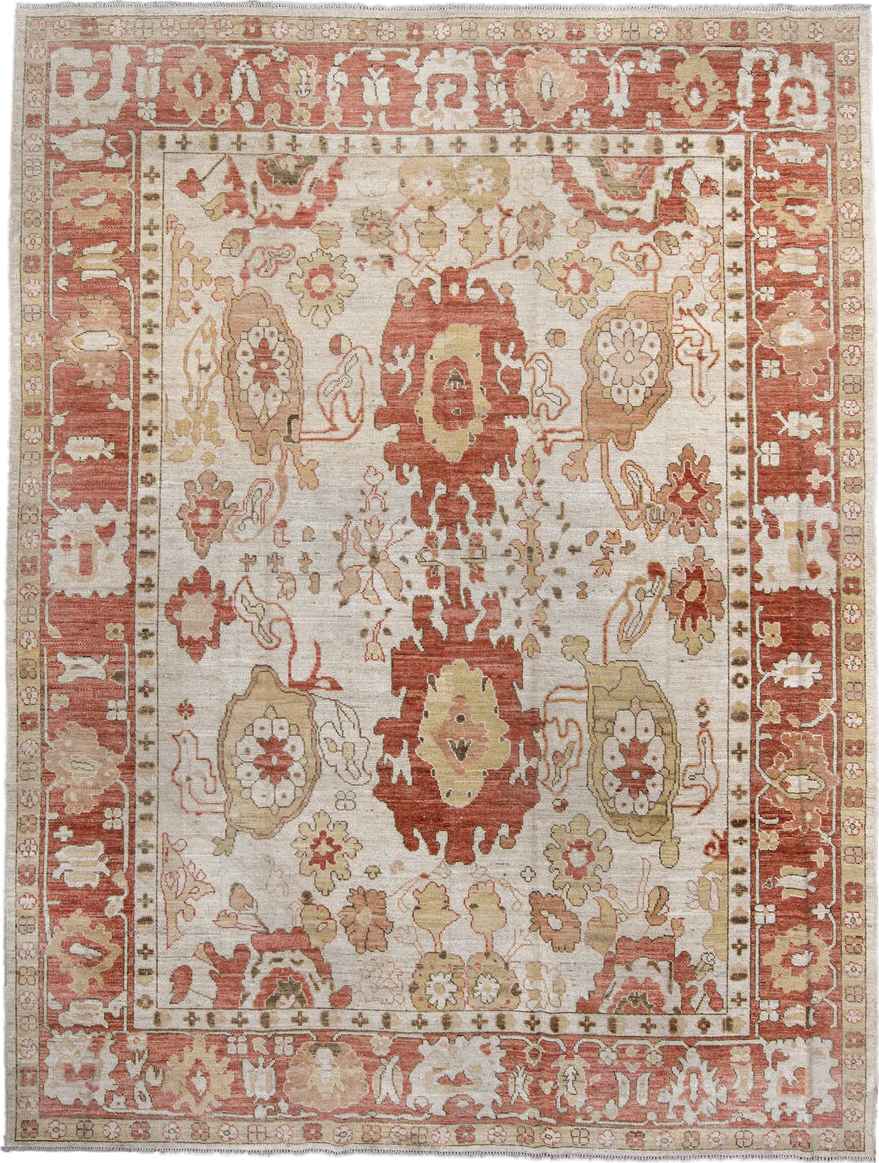 9' x 12' one-of-a-kind handmade vintage Oushak large size rug. Color palette: ivory, terra cotta, beige, sage, gold, taupe