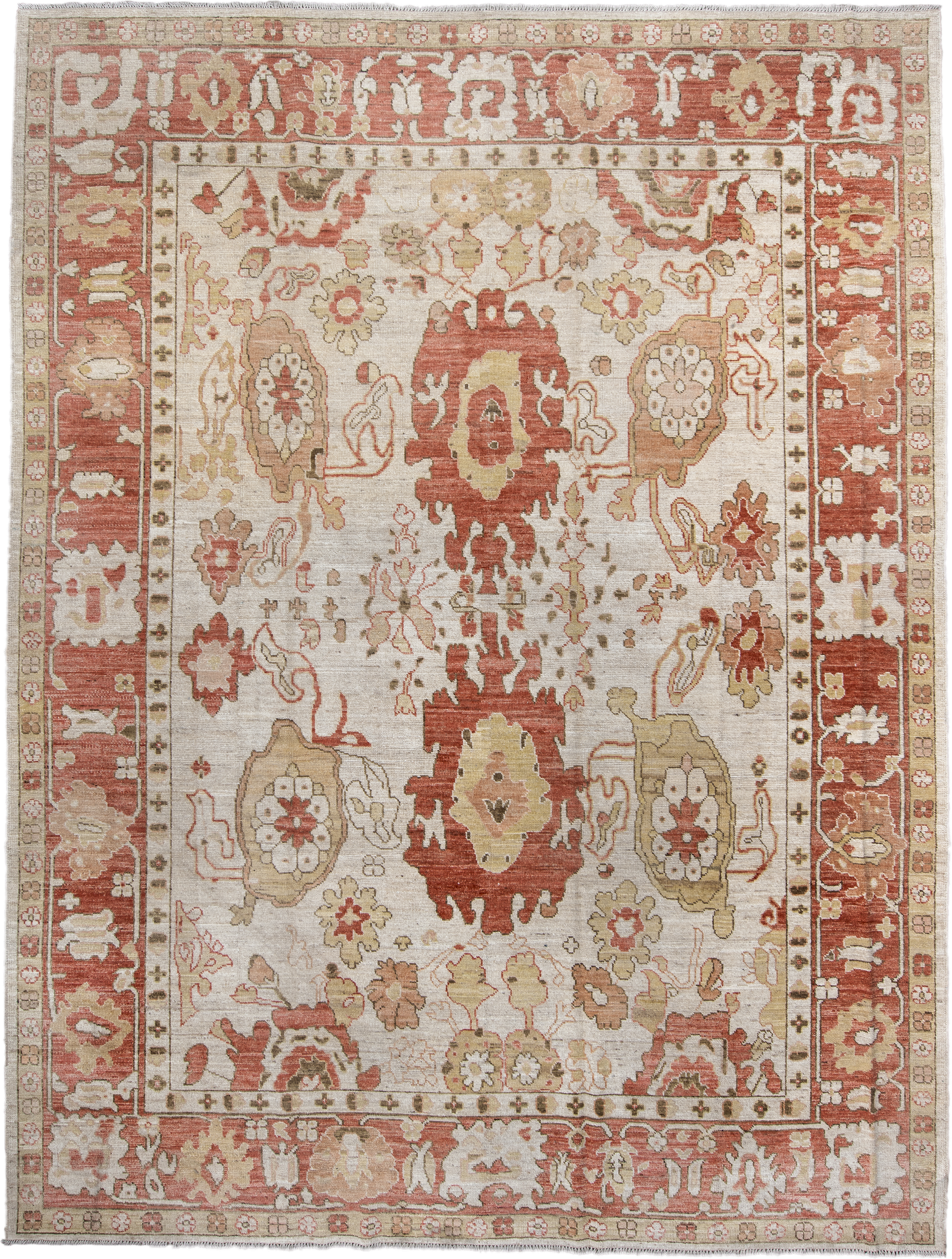 9' x 12' one-of-a-kind handmade vintage Oushak large size rug. Color palette: ivory, terra cotta, beige, sage, gold, taupe