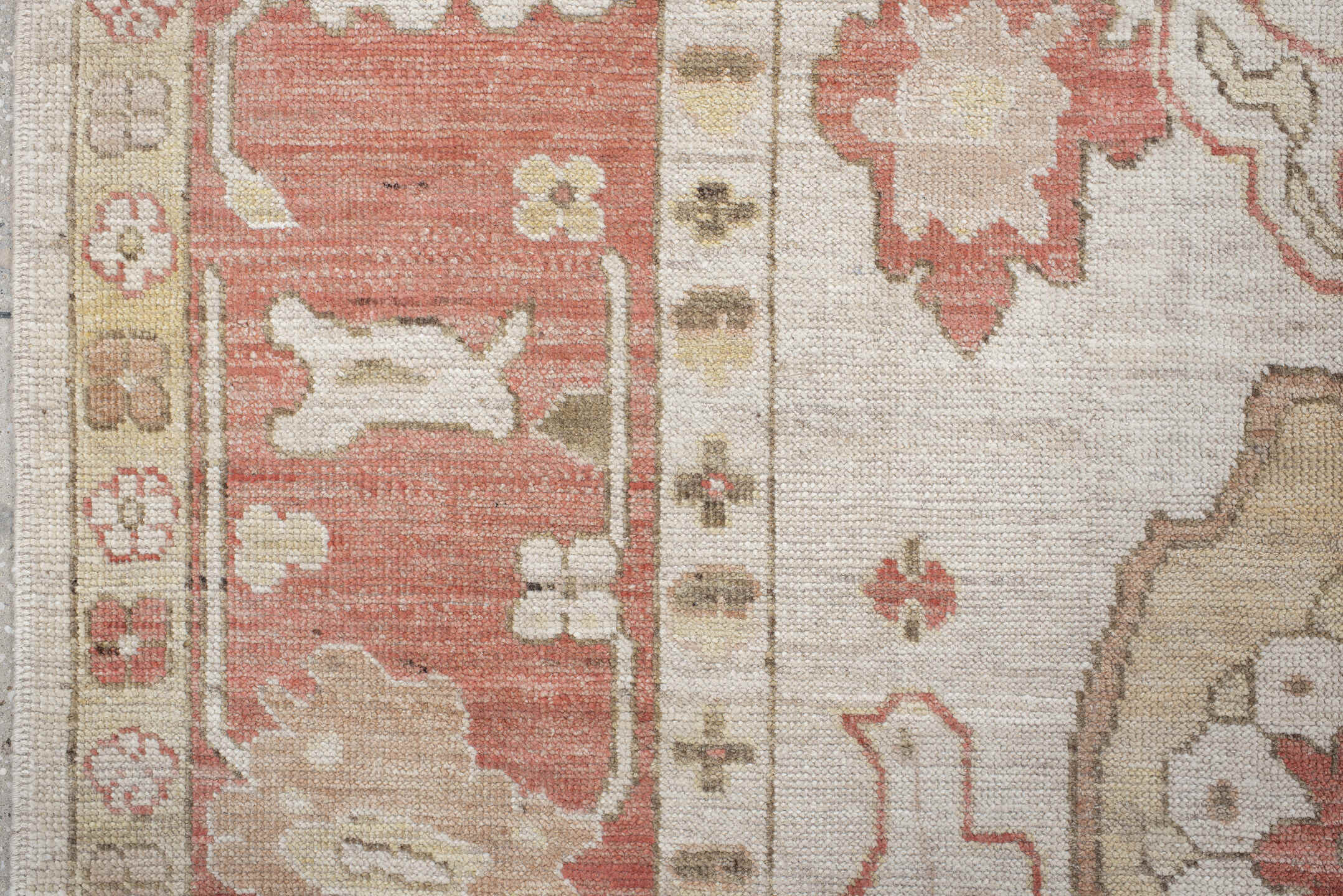 9' x 12' one-of-a-kind handmade vintage Oushak large size rug. Color palette: ivory, terra cotta, beige, sage, gold, taupe