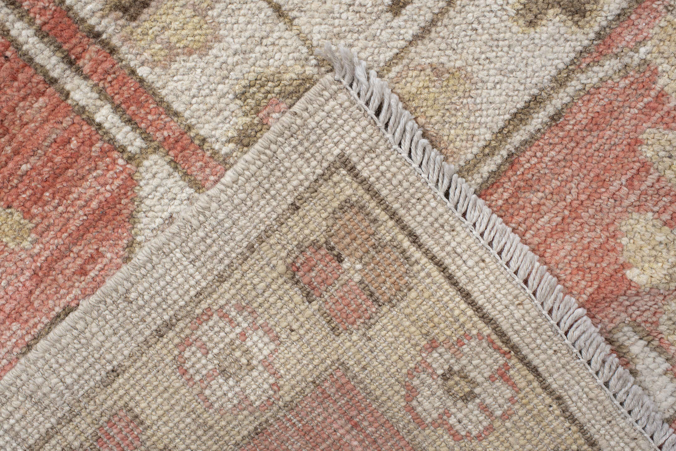 9' x 12' one-of-a-kind handmade vintage Oushak large size rug. Color palette: ivory, terra cotta, beige, sage, gold, taupe