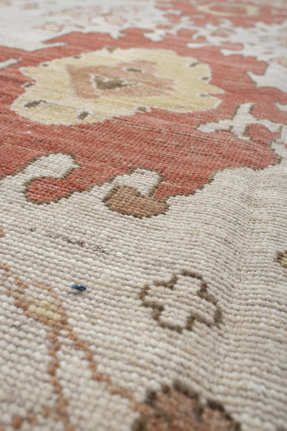 9' x 12' one-of-a-kind handmade vintage Oushak large size rug. Color palette: ivory, terra cotta, beige, sage, gold, taupe