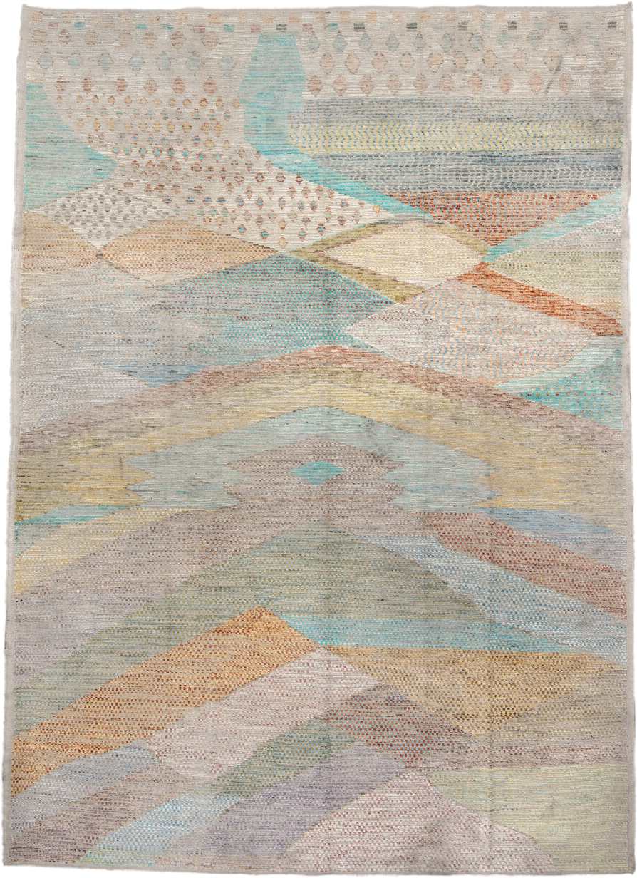 9' x 13' one-of-a-kind handmade vintage Tulu large size rug. Color palette: ivory, aqua, taupe, sand, pale_gold, terra_cotta