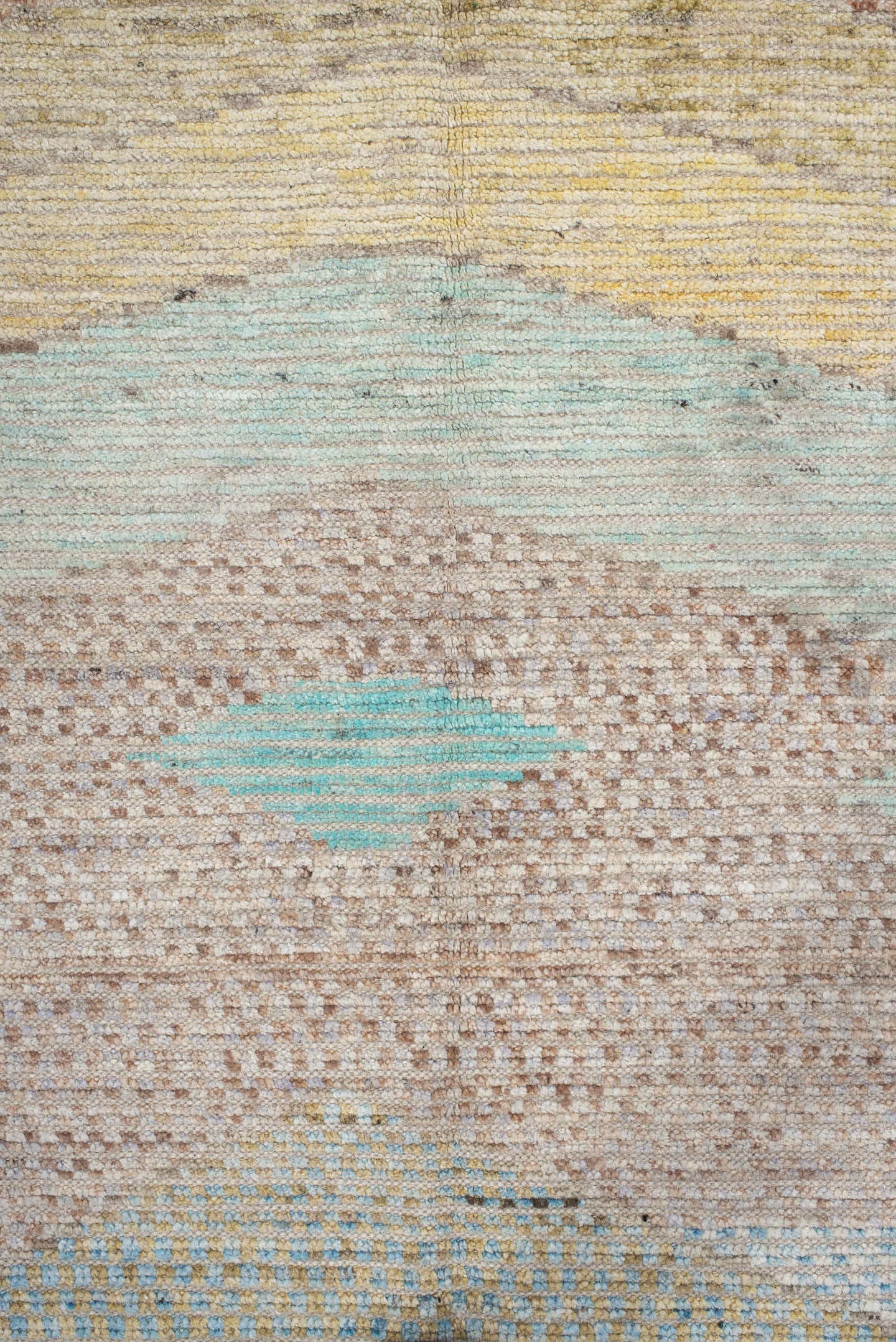 9' x 13' one-of-a-kind handmade vintage Tulu large size rug. Color palette: ivory, aqua, taupe, sand, pale_gold, terra_cotta