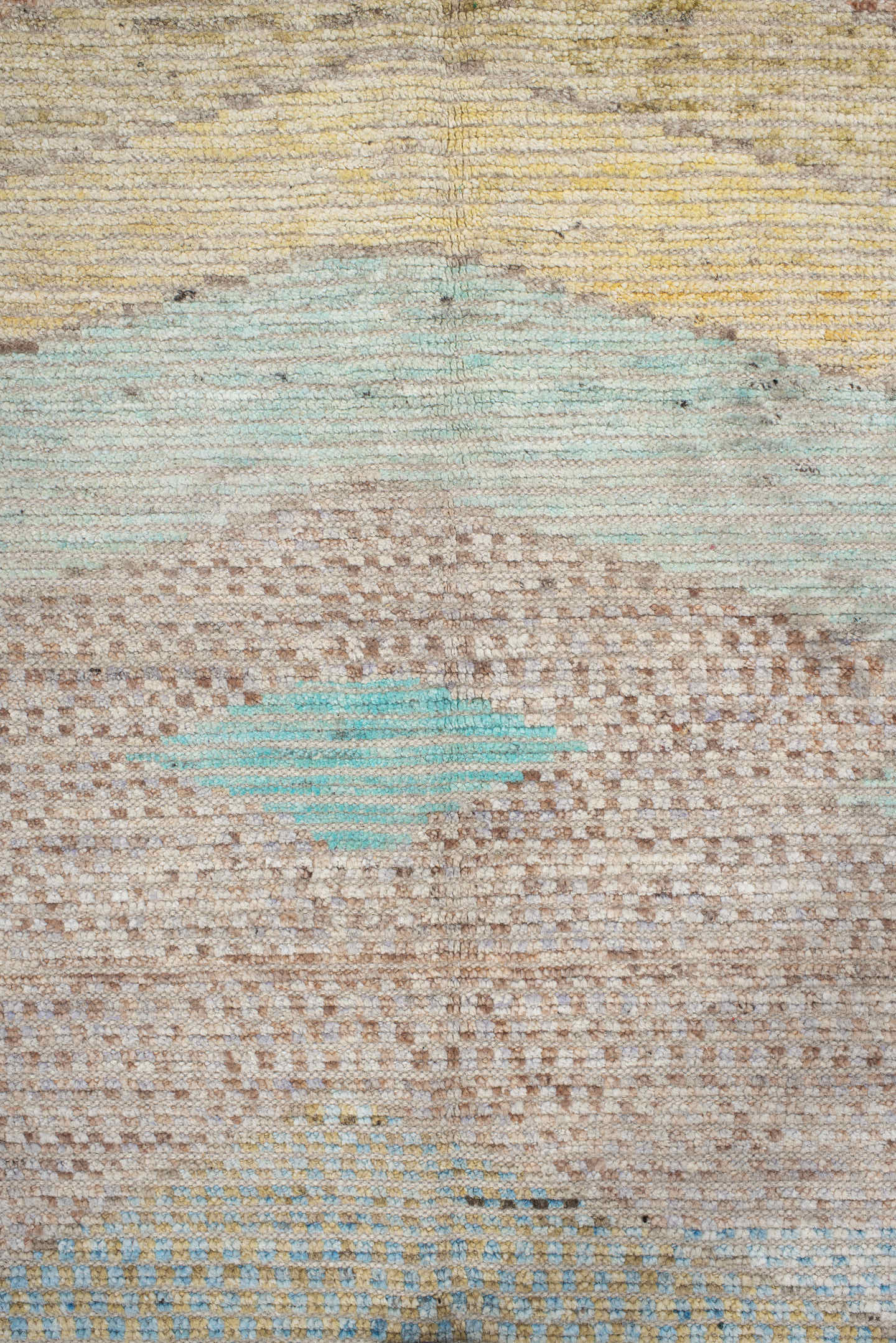 9' x 13' one-of-a-kind handmade vintage Tulu large size rug. Color palette: ivory, aqua, taupe, sand, pale_gold, terra_cotta