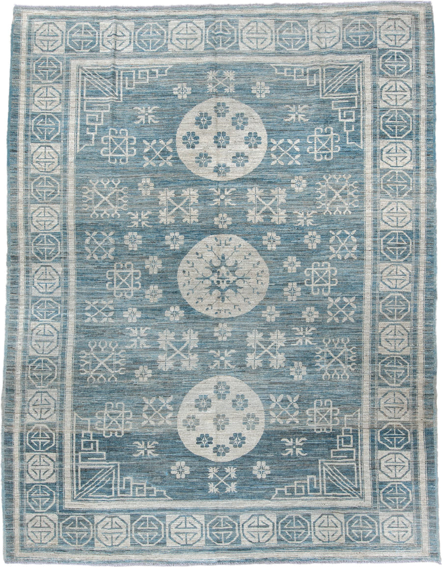 9' x 11' one-of-a-kind handmade vintage Khotan large size rug. Color palette: sky blue, ivory, slate, cream, light blue
