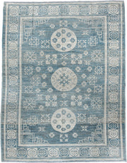 9' x 11' one-of-a-kind handmade vintage Khotan large size rug. Color palette: sky blue, ivory, slate, cream, light blue