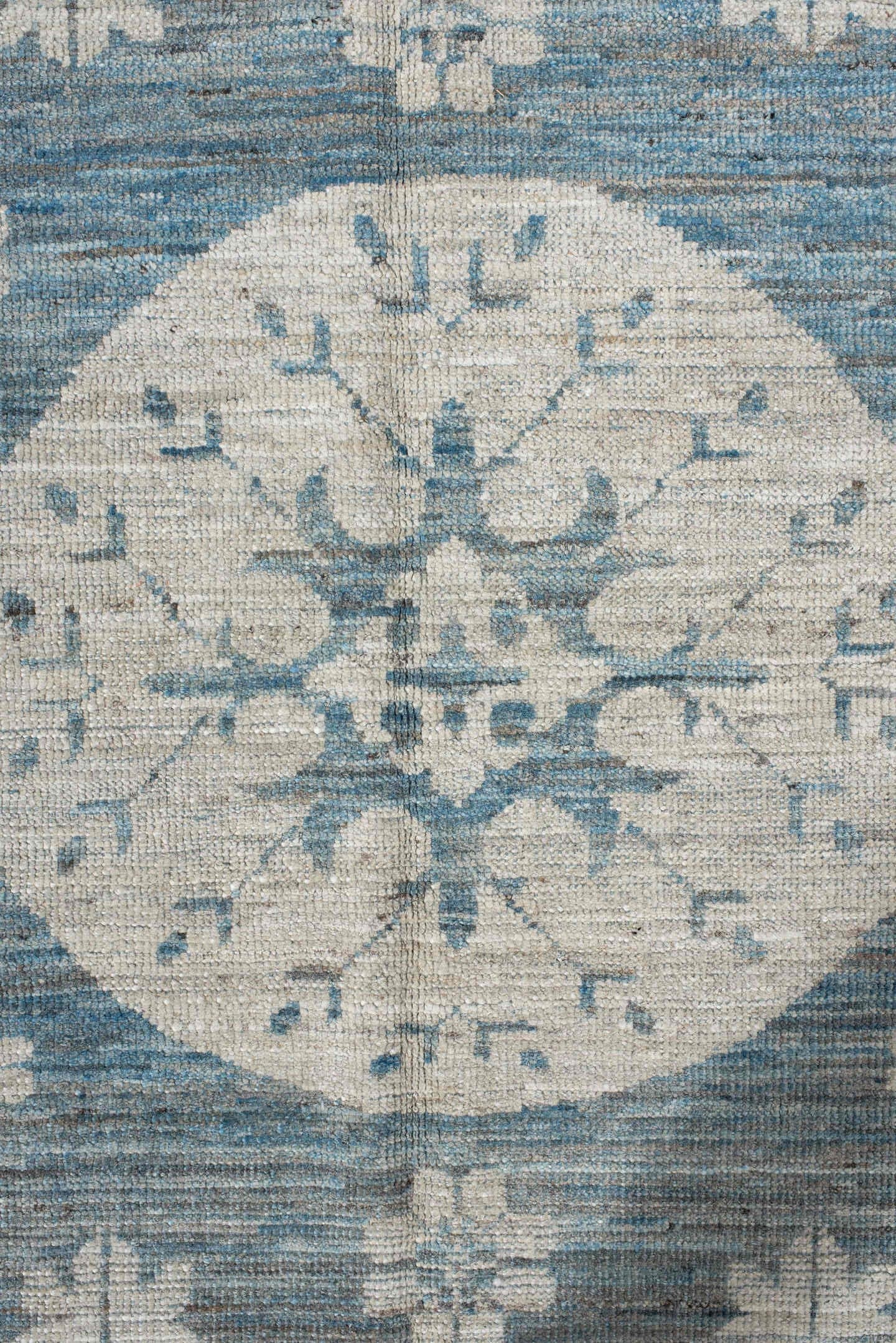 9' x 11' one-of-a-kind handmade vintage Khotan large size rug. Color palette: sky blue, ivory, slate, cream, light blue