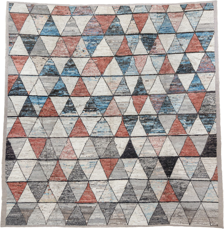 14' x 14' one-of-a-kind handmade vintage Tulu oversize rug. Color palette: ivory, gray, sky blue, coral, charcoal, slate