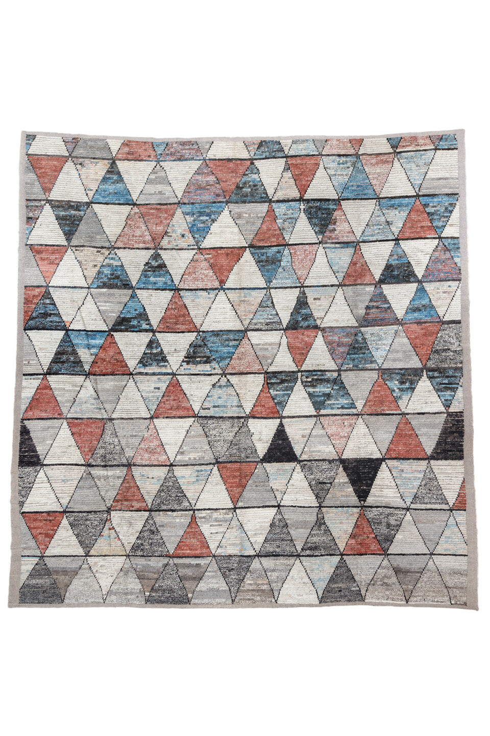 14' x 14' one-of-a-kind handmade vintage Tulu oversize rug. Color palette: black, blue, brown, dim gray, gainsboro, gray