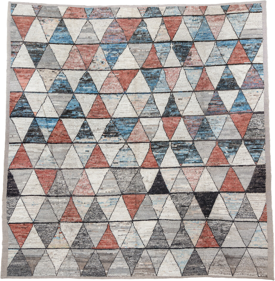 14' x 14' one-of-a-kind handmade vintage Tulu oversize rug. Color palette: ivory, gray, sky blue, coral, charcoal, slate