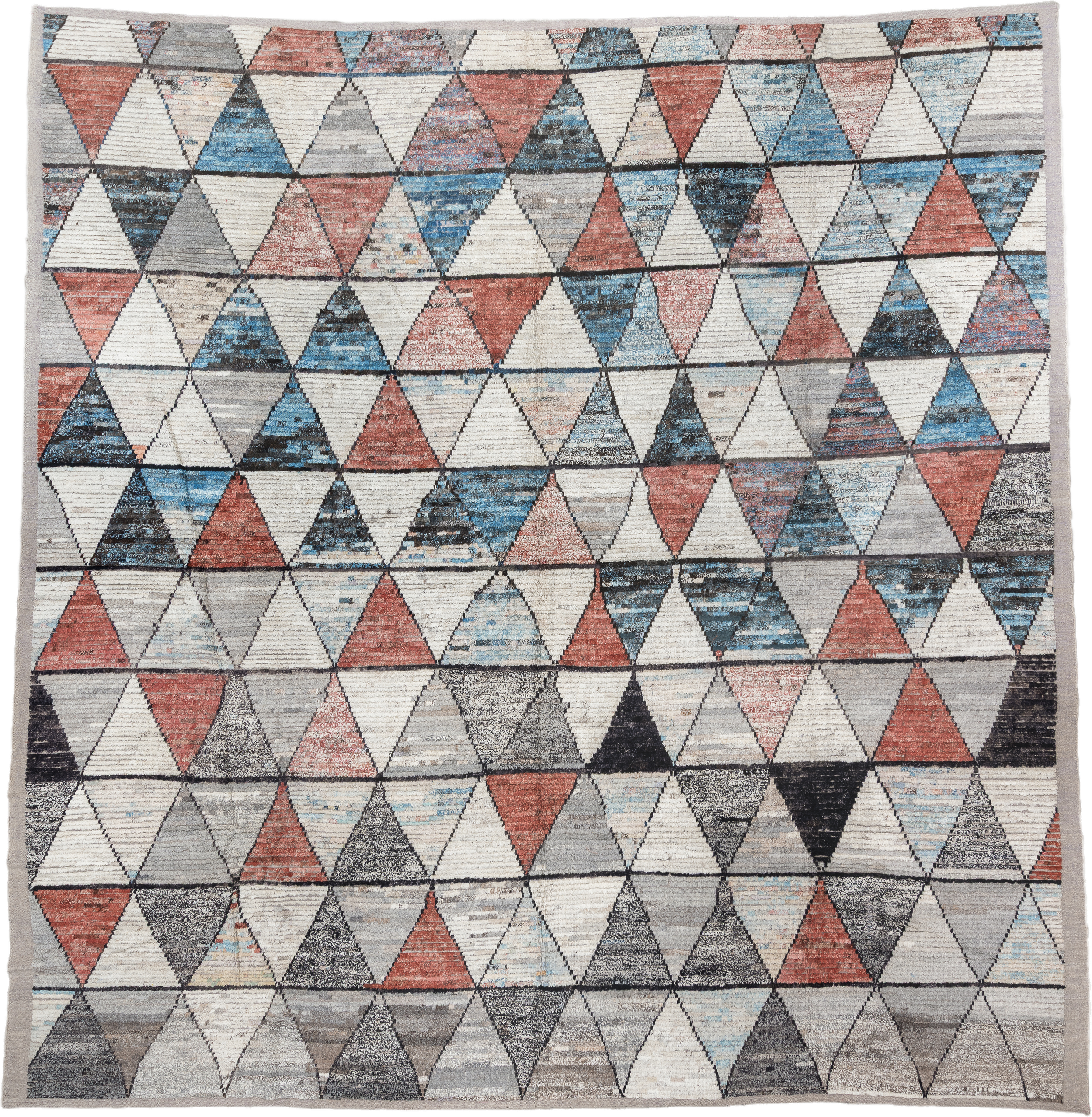 14' x 14' one-of-a-kind handmade vintage Tulu oversize rug. Color palette: ivory, gray, sky blue, coral, charcoal, slate