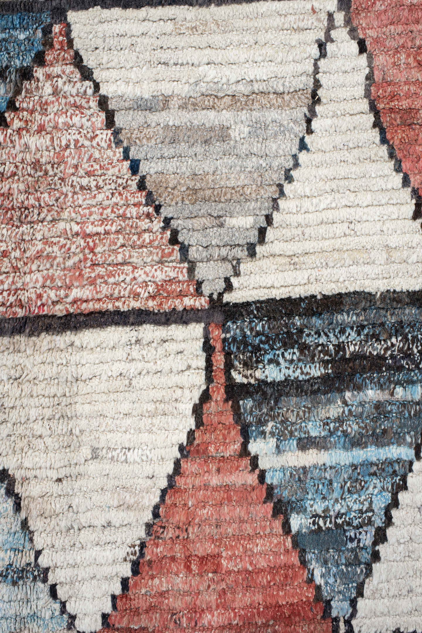 14' x 14' one-of-a-kind handmade vintage Tulu oversize rug. Color palette: ivory, gray, sky blue, coral, charcoal, slate