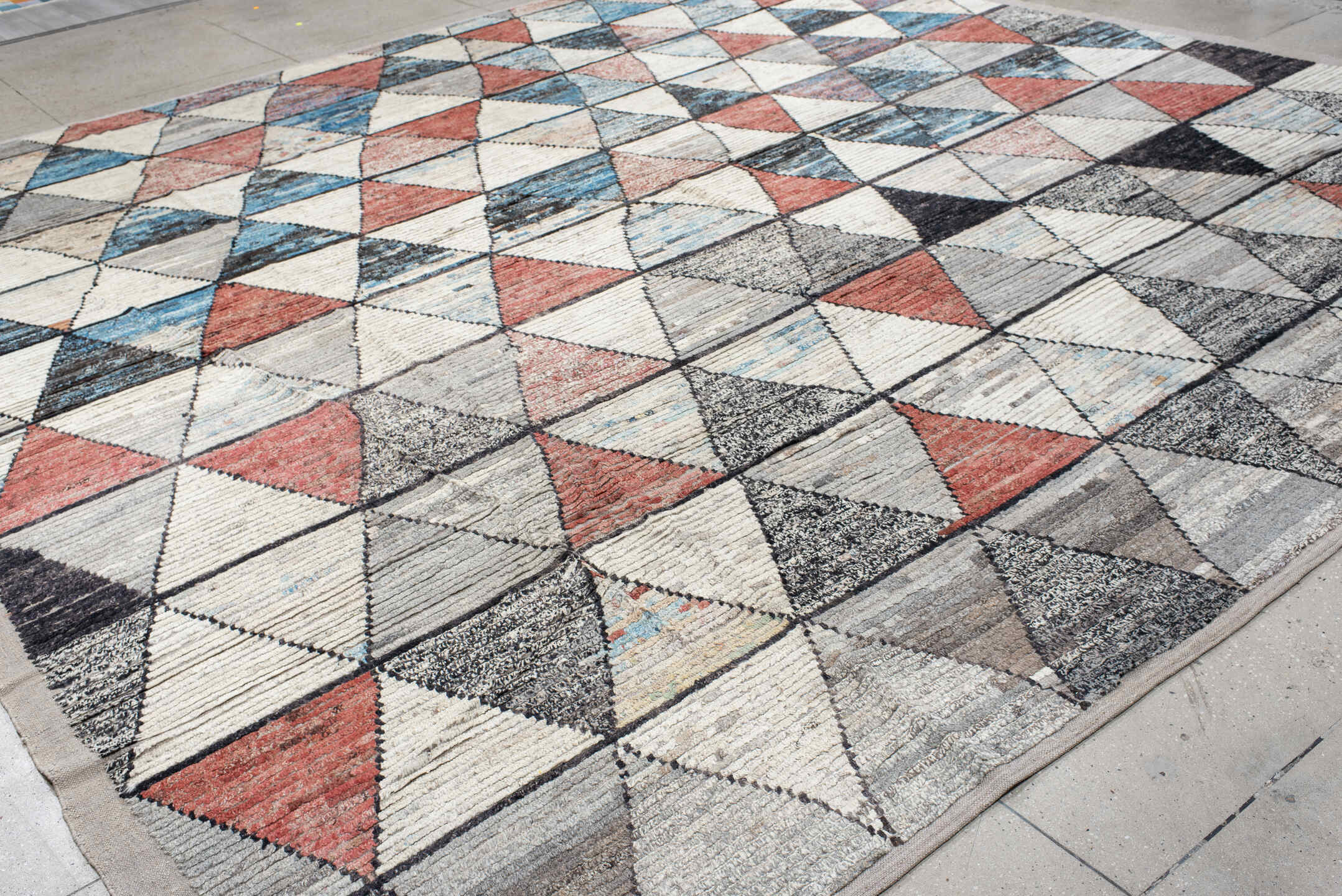 14' x 14' one-of-a-kind handmade vintage Tulu oversize rug. Color palette: ivory, gray, sky blue, coral, charcoal, slate