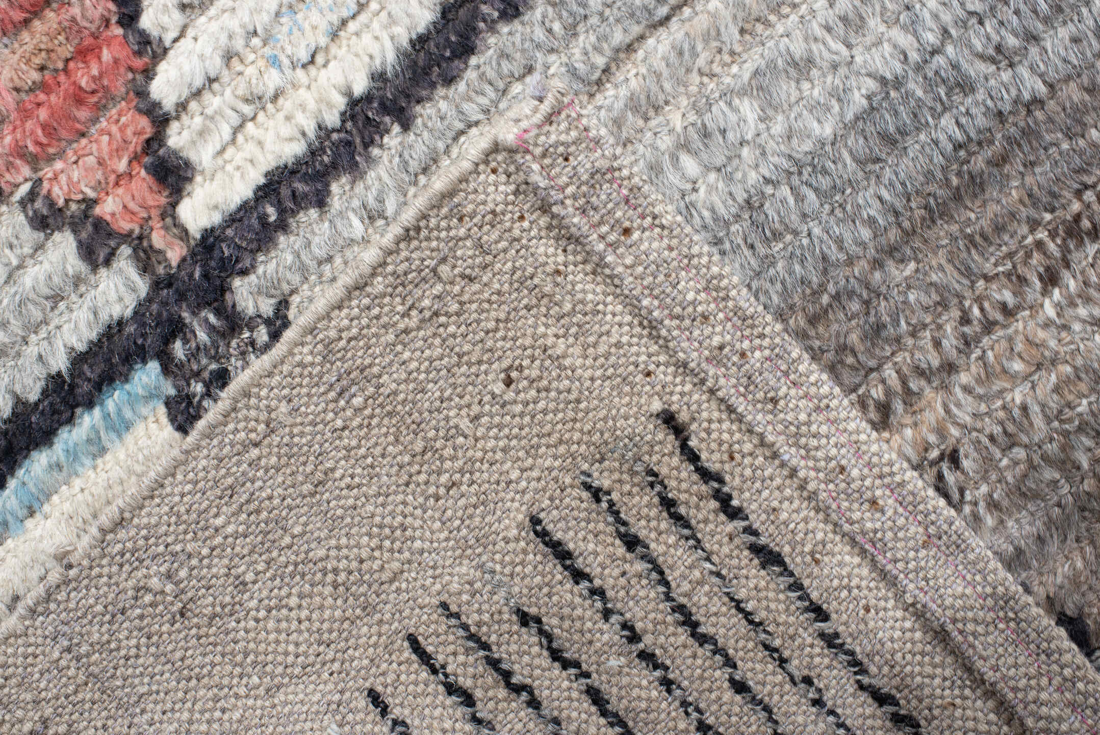 14' x 14' one-of-a-kind handmade vintage Tulu oversize rug. Color palette: ivory, gray, sky blue, coral, charcoal, slate