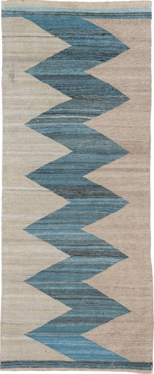 2' x 6' one-of-a-kind handmade vintage Kilim runner rug. Color palette: ivory, sky blue, slate blue, taupe, light blue