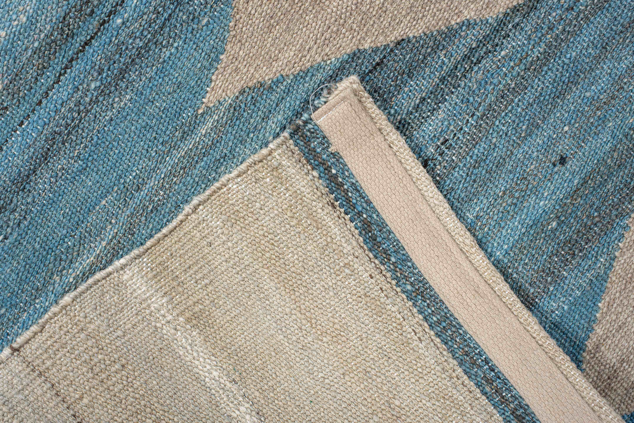 2' x 6' one-of-a-kind handmade vintage Kilim runner rug. Color palette: gray, light blue, light gray, blue, off-white, black