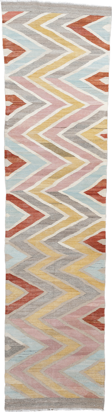 2' x 9' one-of-a-kind handmade vintage Kilim runner rug. Color palette: ivory, gray, blush, pale blue, butter yellow, rust