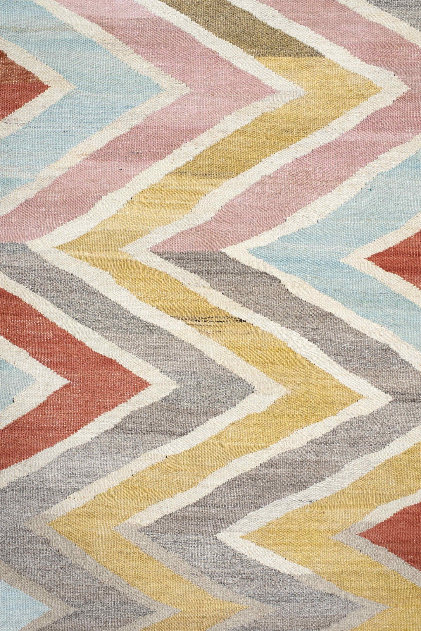 2' x 9' one-of-a-kind handmade vintage Kilim runner rug. Color palette: ivory, gray, blush, pale blue, butter yellow, rust