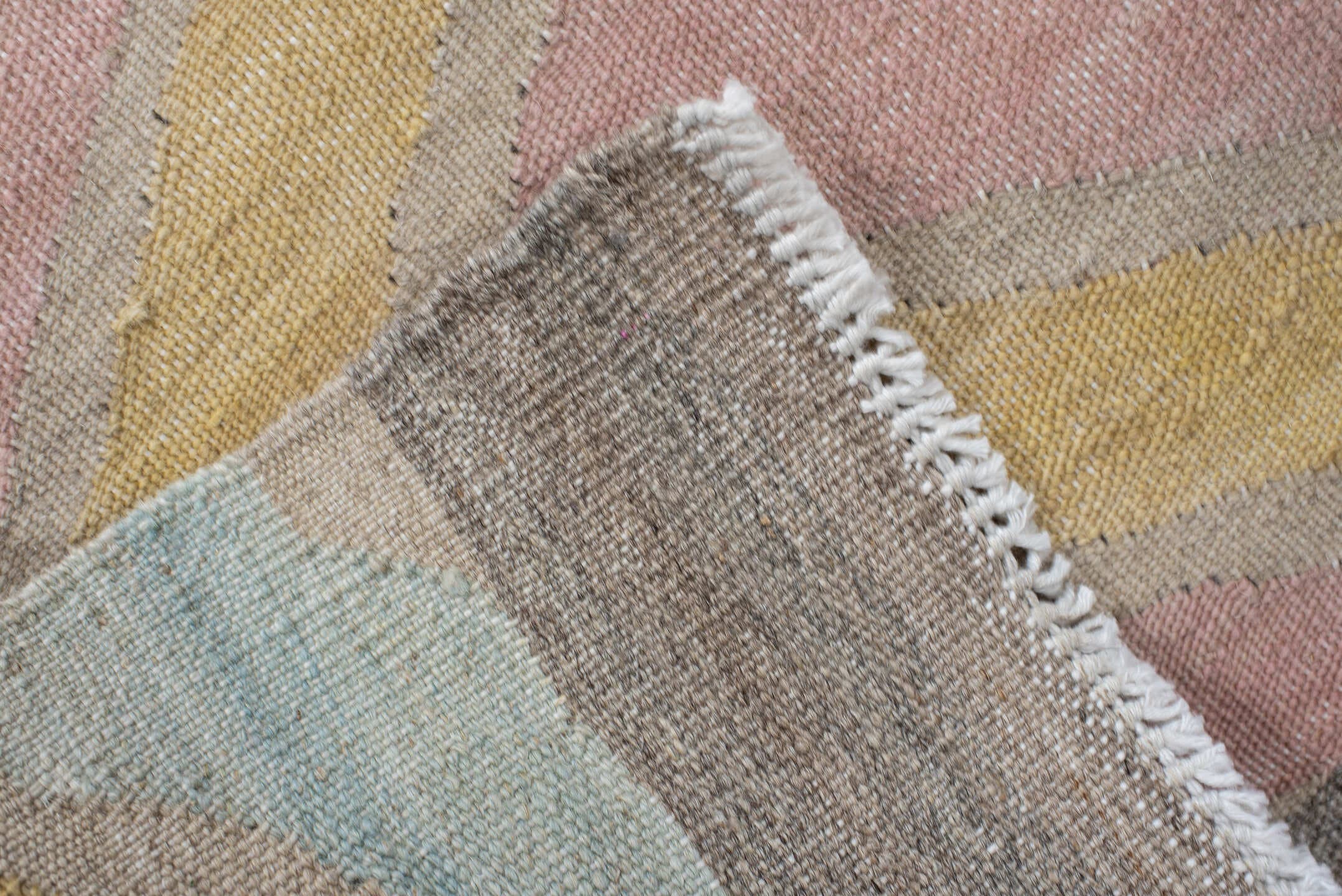 2' x 9' one-of-a-kind handmade vintage Kilim runner rug. Color palette: ivory, gray, blush, pale blue, butter yellow, rust