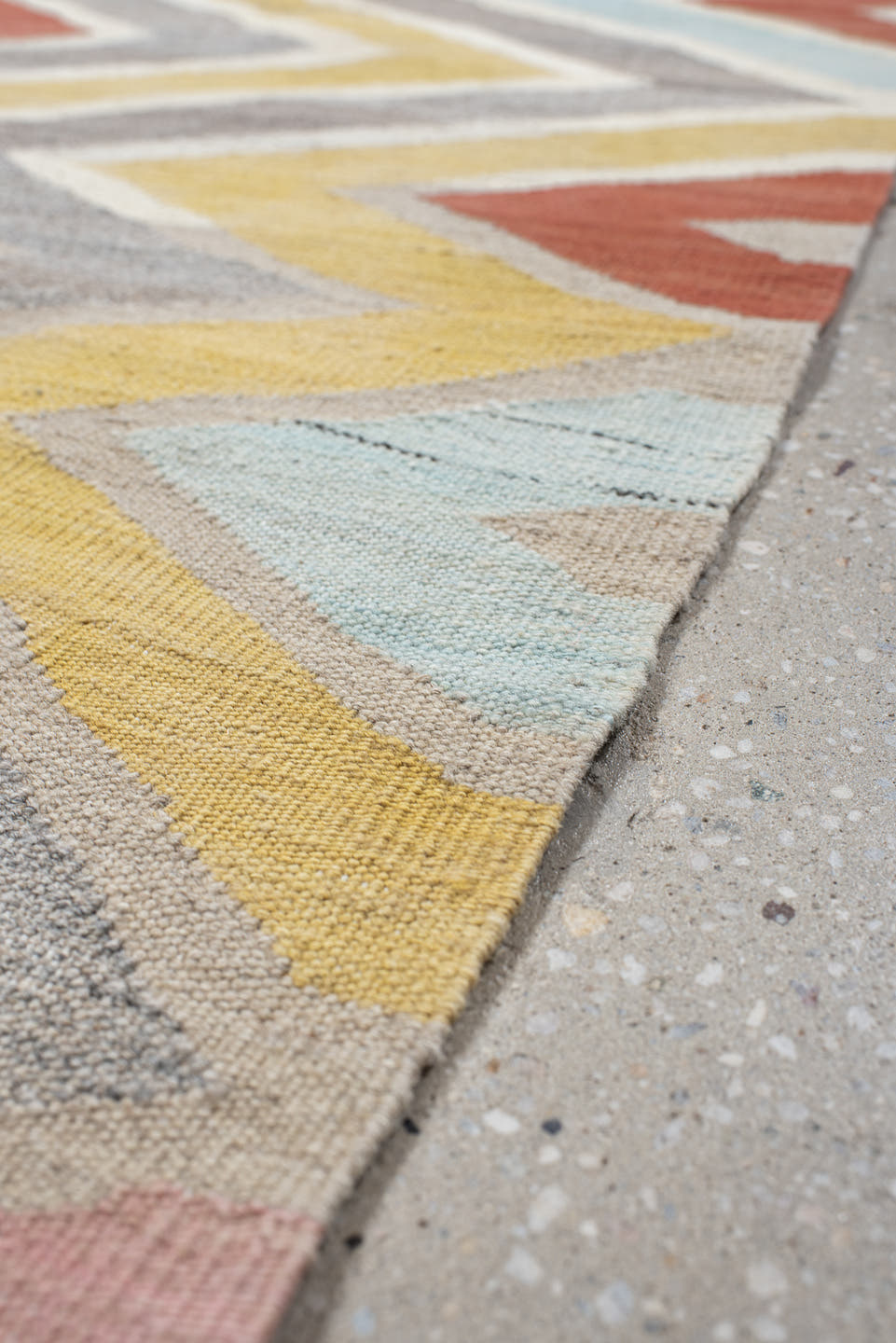 2' x 9' one-of-a-kind handmade vintage Kilim runner rug. Color palette: ivory, gray, blush, pale blue, butter yellow, rust