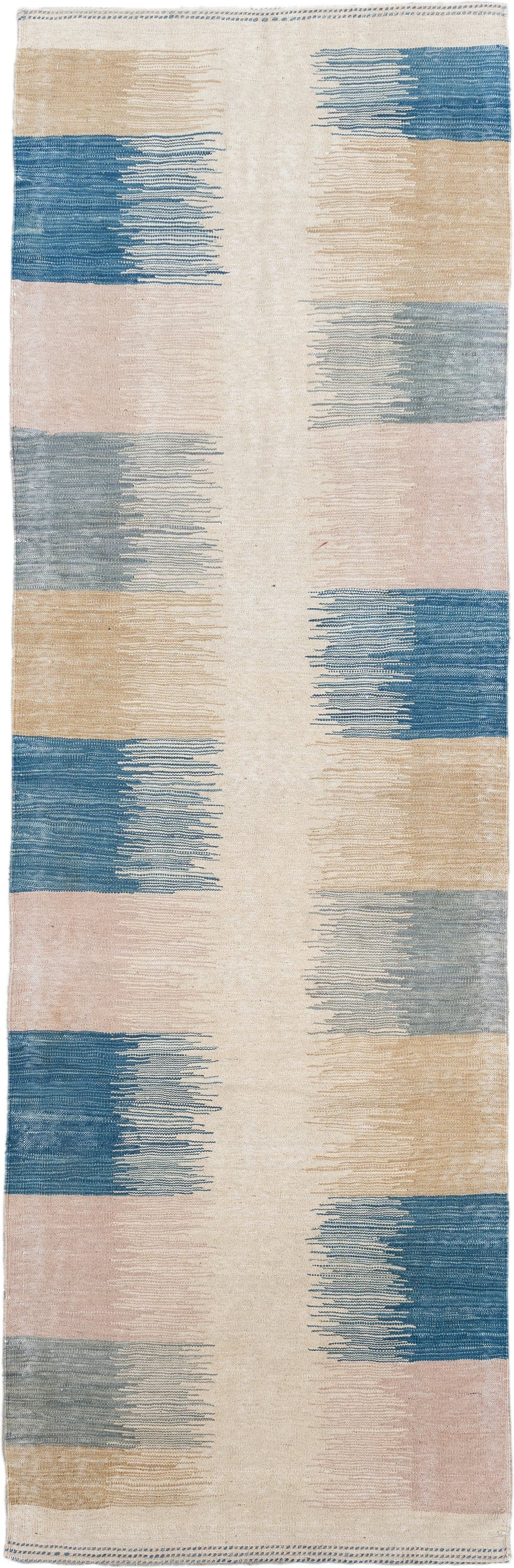 2' x 8' one-of-a-kind handmade vintage Kilim runner rug. Color palette: ivory, blue, sand, blush, pale_gray, beige, pink