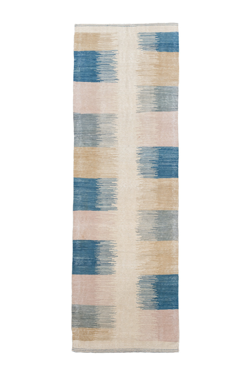 2' x 8' one-of-a-kind handmade vintage Kilim runner rug. Color palette: gray, off-white, pink, brown, blue, light gray
