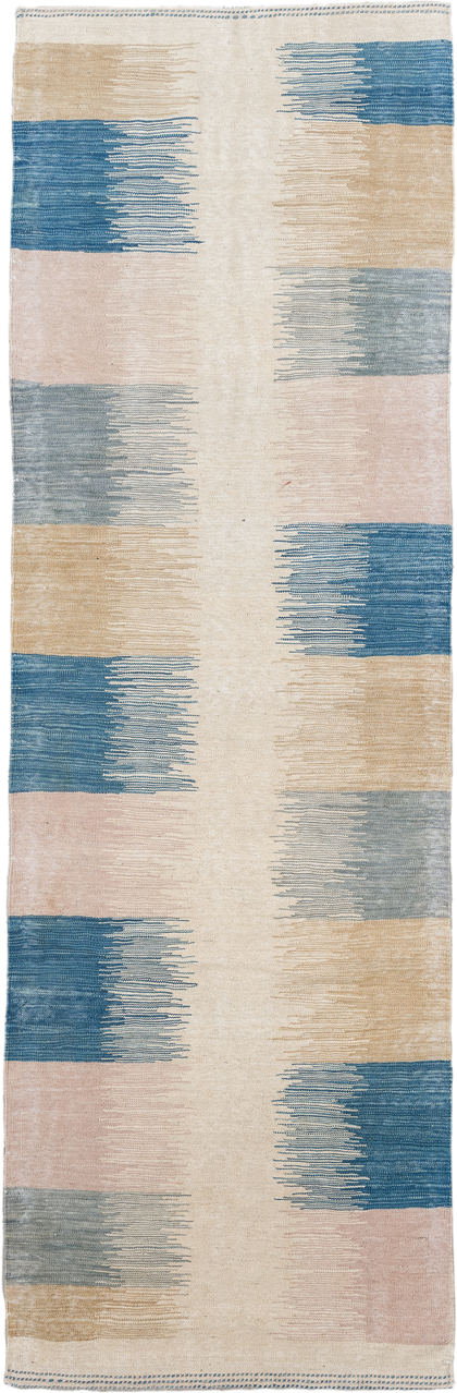 2' x 8' one-of-a-kind handmade vintage Kilim runner rug. Color palette: ivory, blue, sand, blush, pale_gray, beige, pink