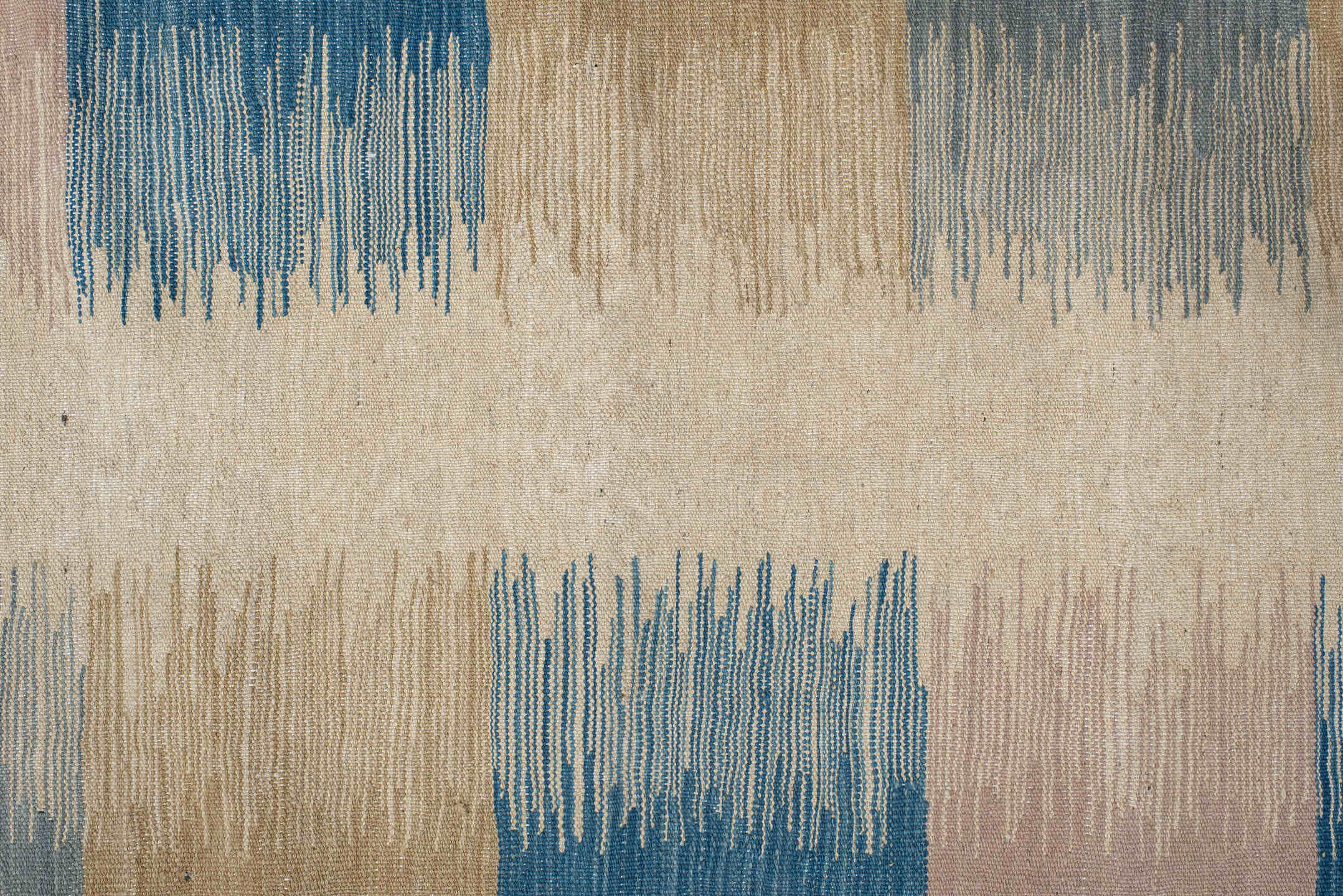 2' x 8' one-of-a-kind handmade vintage Kilim runner rug. Color palette: gray, off-white, pink, brown, blue, light gray