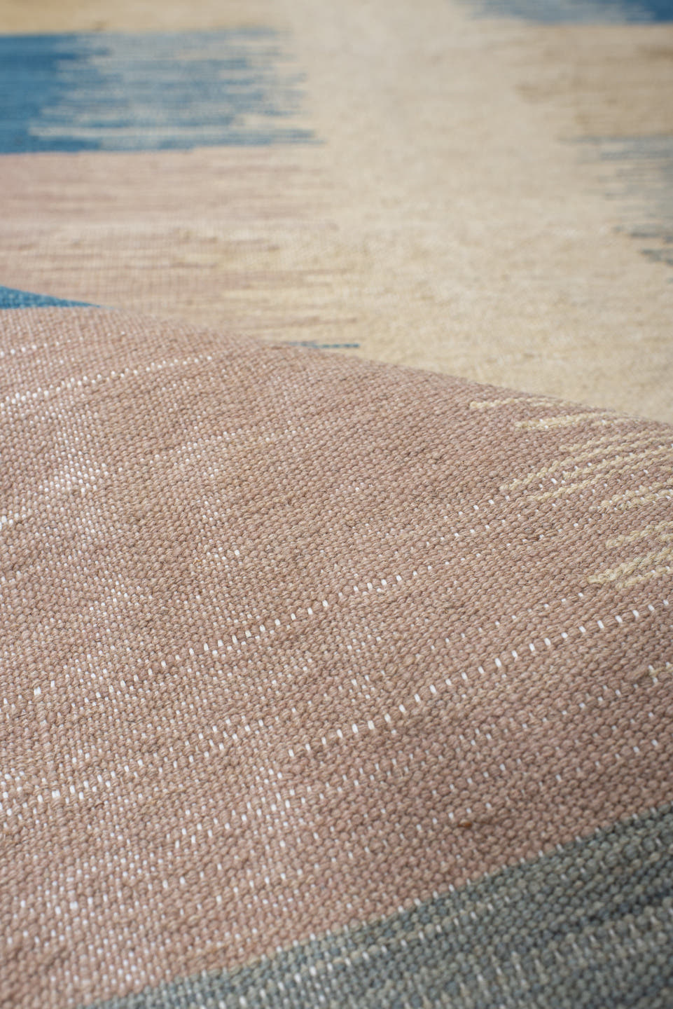 2' x 8' one-of-a-kind handmade vintage Kilim runner rug. Color palette: ivory, blue, sand, blush, pale_gray, beige, pink