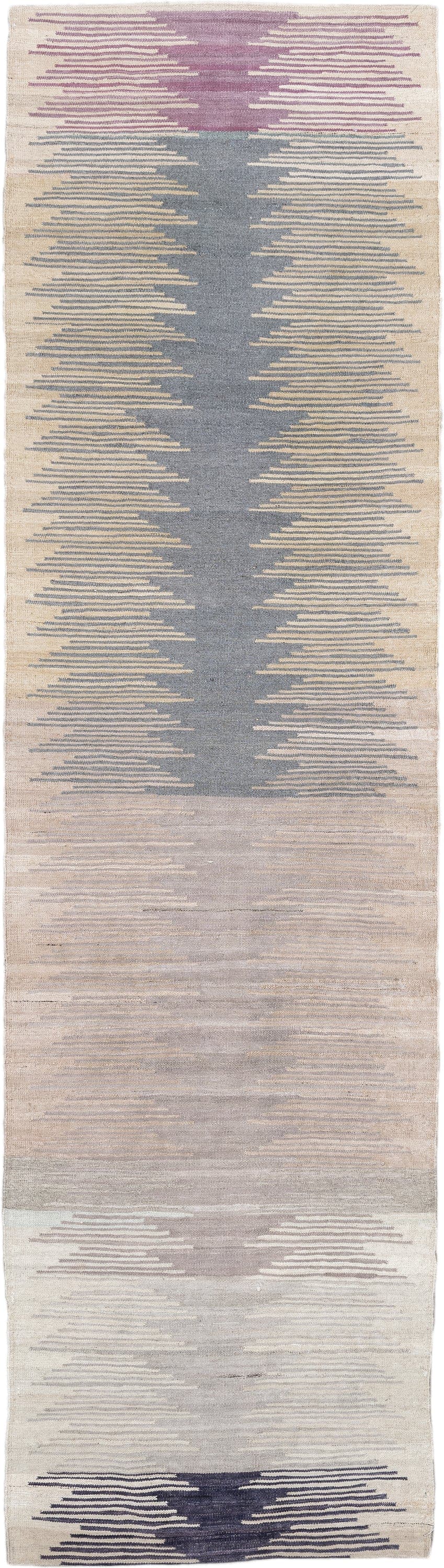 2' x 9' one-of-a-kind handmade vintage Kilim runner rug. Color palette: ivory, taupe, slate, lavender, charcoal, beige, gray