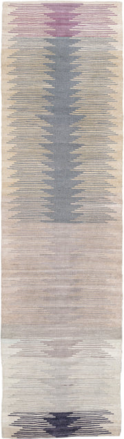 2' x 9' one-of-a-kind handmade vintage Kilim runner rug. Color palette: ivory, taupe, slate, lavender, charcoal, beige, gray