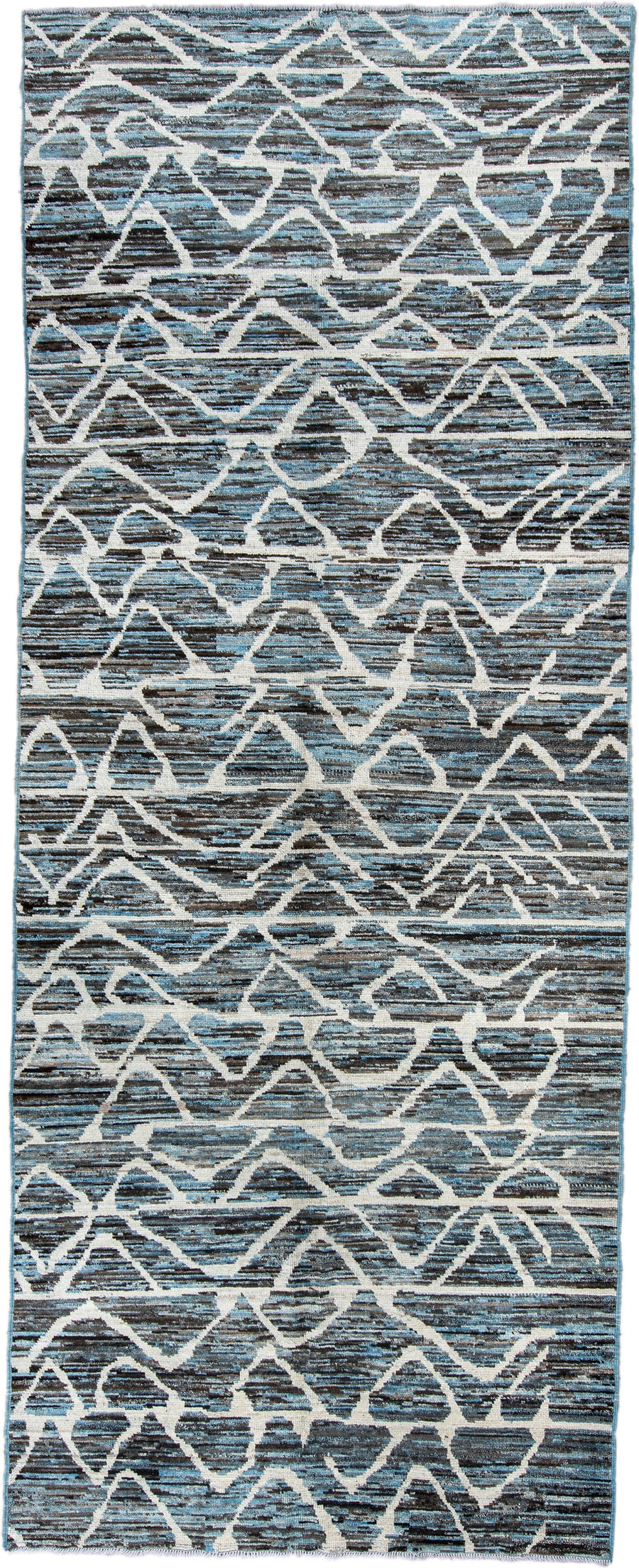 5' x 12' one-of-a-kind handmade vintage Tulu runner rug. Color palette: blue, charcoal, ivory, slate, gray, black