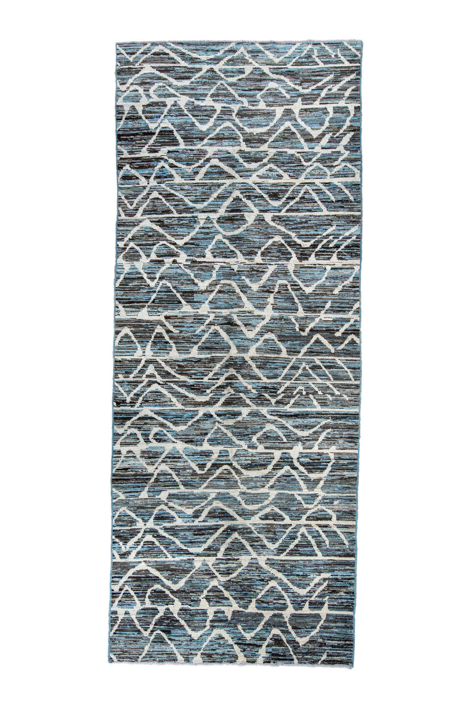 5' x 12' one-of-a-kind handmade vintage Tulu runner rug. Color palette: black, blue, charcoal, dark gray, dim gray