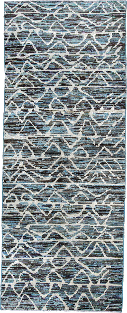 5' x 12' one-of-a-kind handmade vintage Tulu runner rug. Color palette: black, blue, charcoal, dark gray, dim gray
