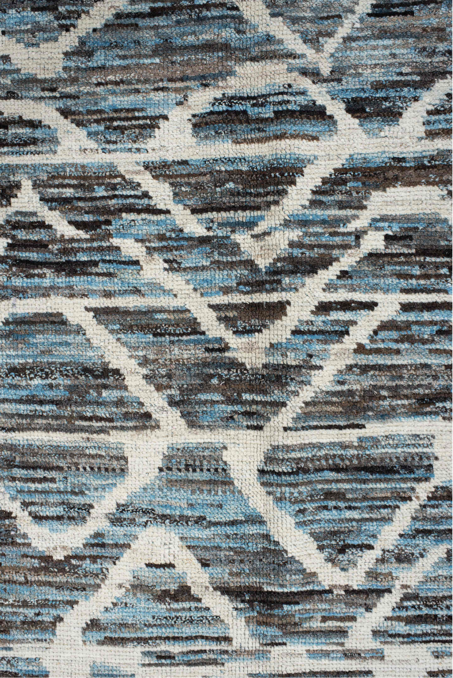 5' x 12' one-of-a-kind handmade vintage Tulu runner rug. Color palette: blue, charcoal, ivory, slate, gray, black