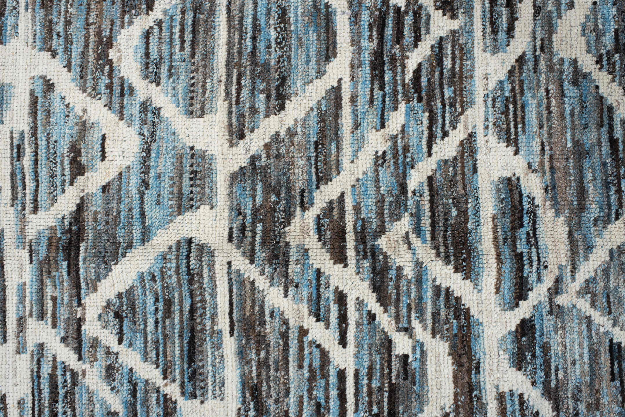 5' x 12' one-of-a-kind handmade vintage Tulu runner rug. Color palette: black, blue, charcoal, dark gray, dim gray