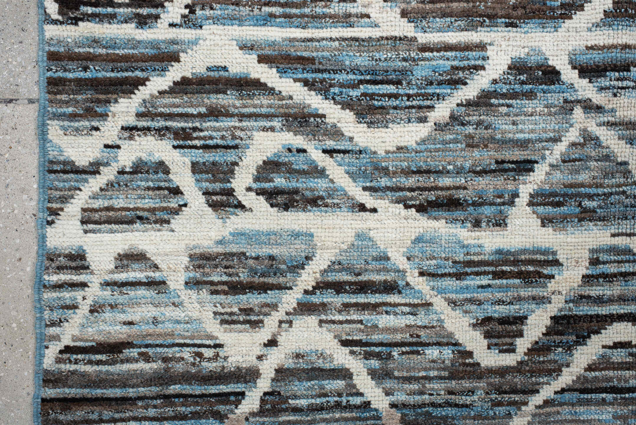 5' x 12' one-of-a-kind handmade vintage Tulu runner rug. Color palette: blue, charcoal, ivory, slate, gray, black