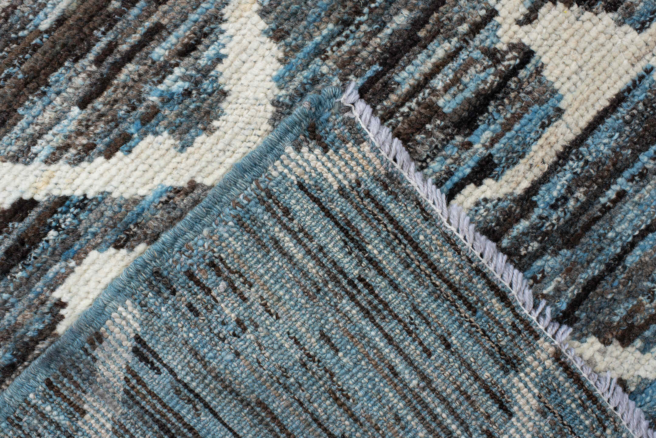 5' x 12' one-of-a-kind handmade vintage Tulu runner rug. Color palette: blue, charcoal, ivory, slate, gray, black