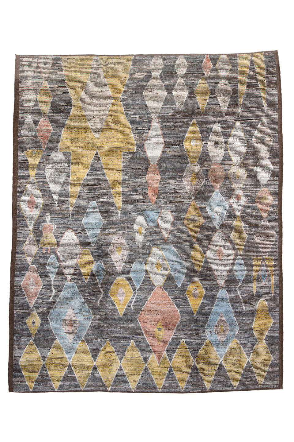 10' x 13' one-of-a-kind handmade vintage Tulu large size rug. Color palette: black, brown, burlywood, charcoal, dark gray