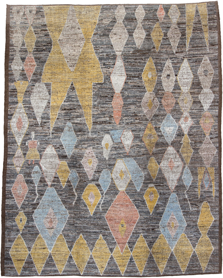 10' x 13' one-of-a-kind handmade vintage Tulu large size rug. Color palette: brown, ivory, gold, sky_blue, coral, taupe