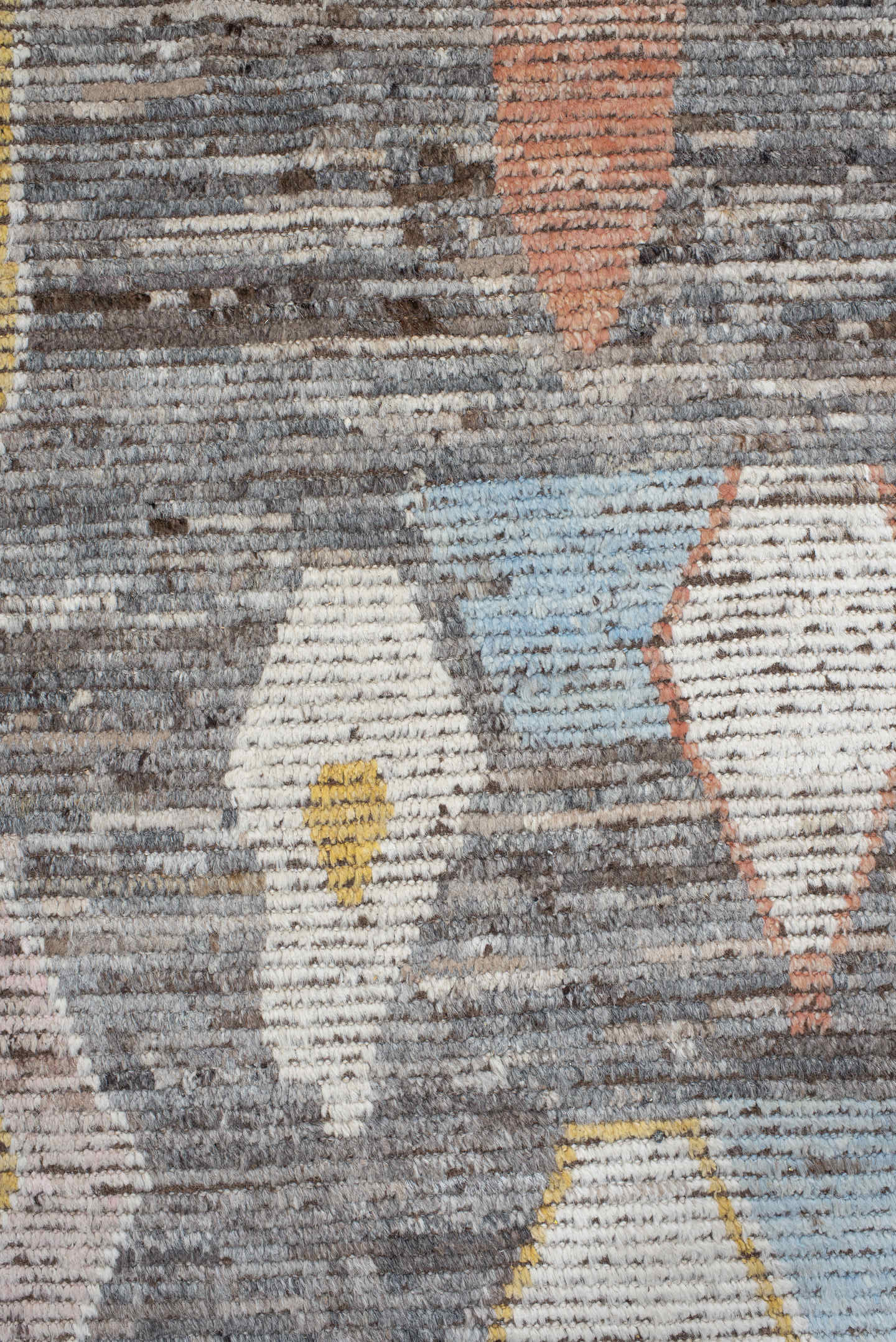 10' x 13' one-of-a-kind handmade vintage Tulu large size rug. Color palette: brown, ivory, gold, sky_blue, coral, taupe