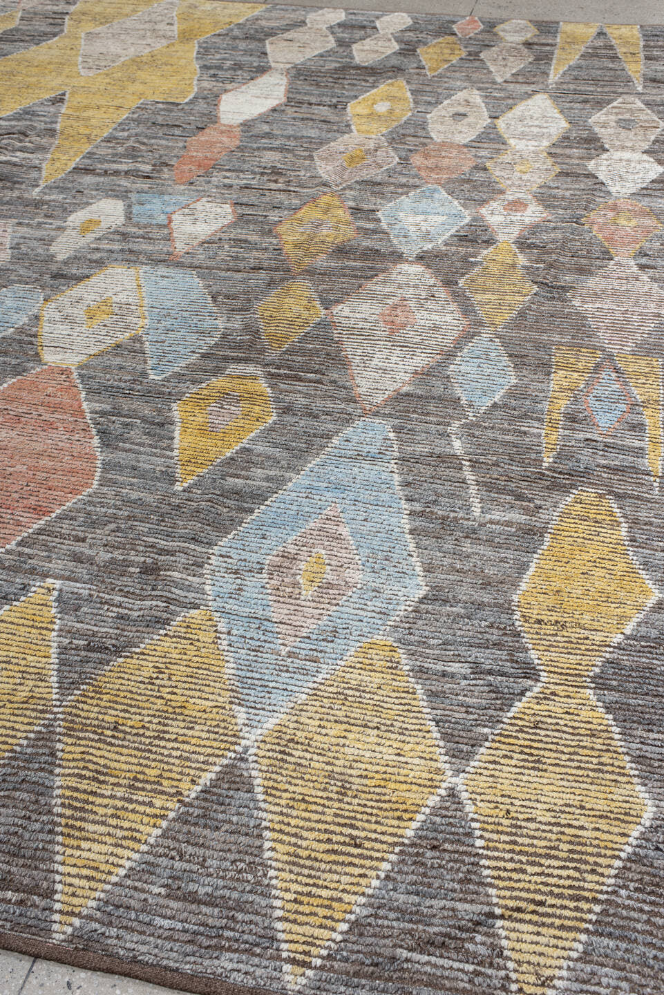 10' x 13' one-of-a-kind handmade vintage Tulu large size rug. Color palette: brown, ivory, gold, sky_blue, coral, taupe