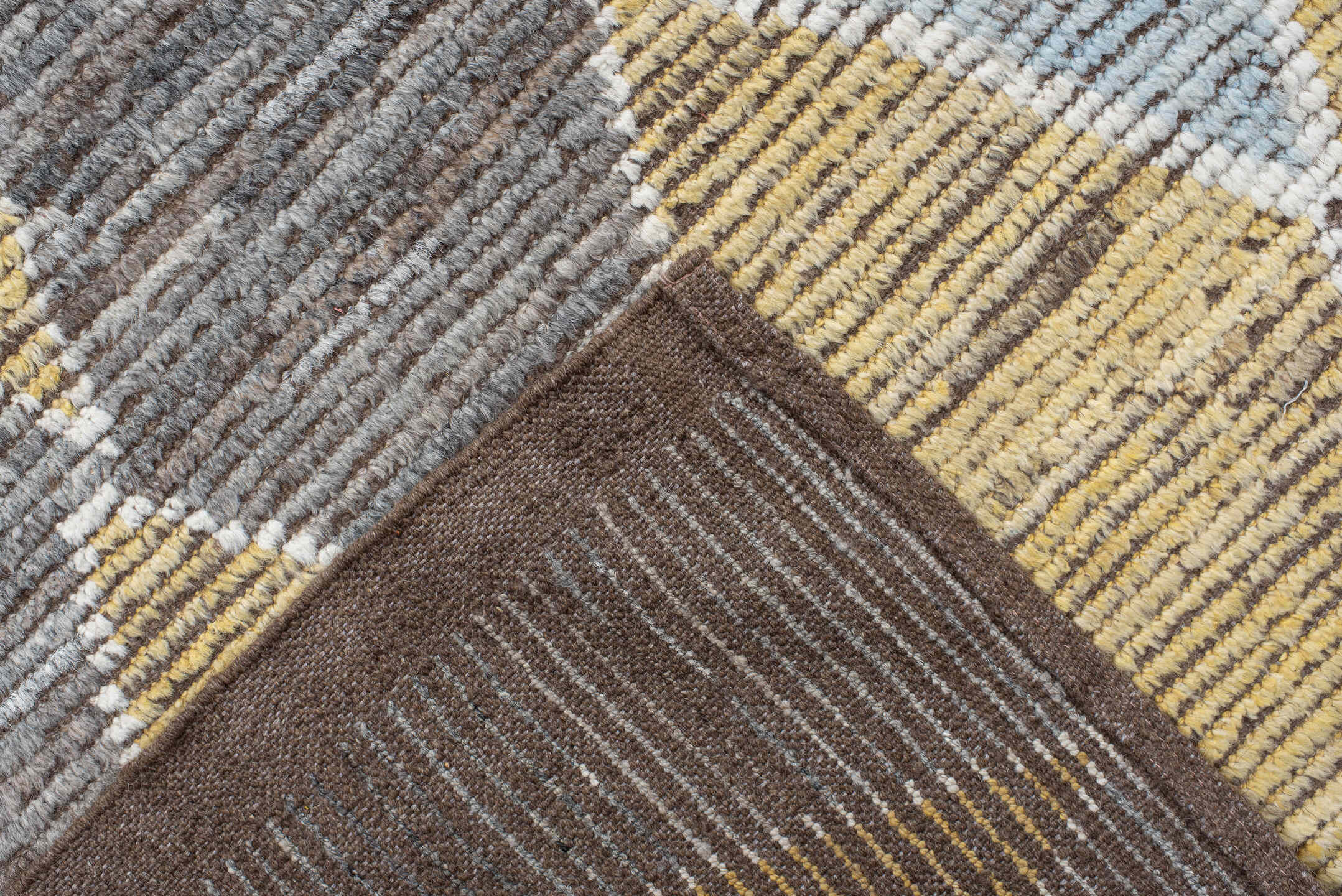 10' x 13' one-of-a-kind handmade vintage Tulu large size rug. Color palette: brown, ivory, gold, sky_blue, coral, taupe