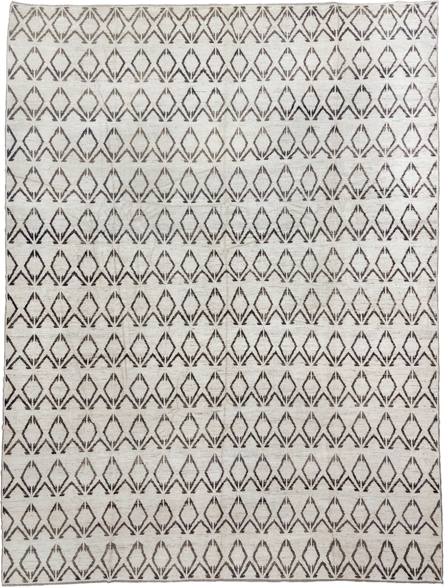 14' x 19' one-of-a-kind handmade vintage Tulu oversize rug. Color palette: ivory, charcoal, taupe, gray, black, beige
