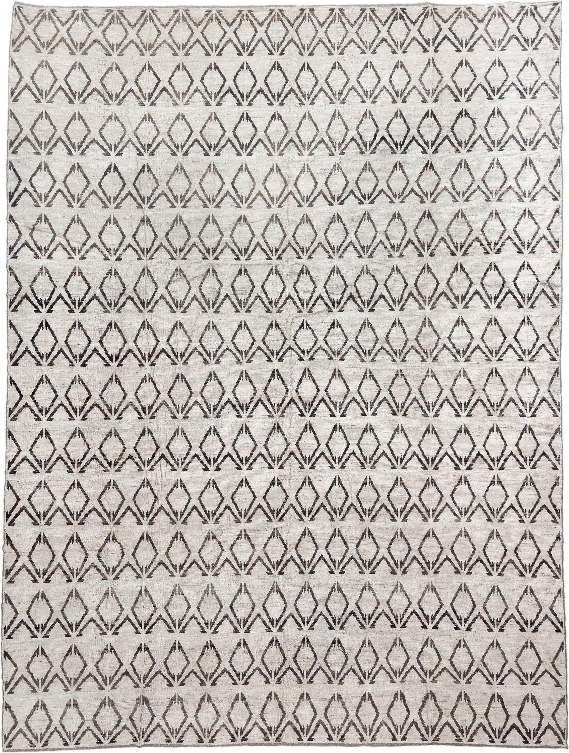 14' x 19' one-of-a-kind handmade vintage Tulu oversize rug. Color palette: ivory, charcoal, taupe, gray, black, beige